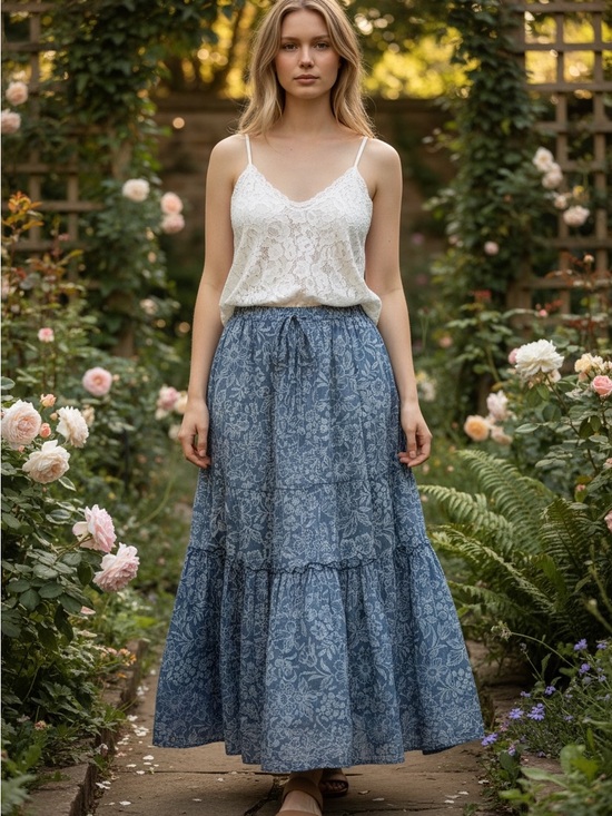 Ralph Lauren Dresses & Skirts - LAUREN RALPH LAUREN TIERED PRAIRIE SKIRT DRAWSTRING CHAMBRAY FLORAL MAXI MEDIUM